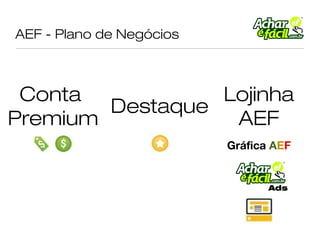 AEF - Plano de Negócios



 Conta           Lojinha
        Destaque
Premium           AEF
                          Gráfica AEF


                                 Ads
 