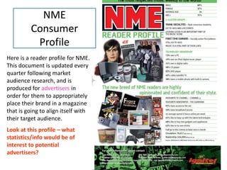 NME
Consumer
Profile
Here is a reader profile for NME.
This document is updated every
quarter following market
audience research, and is
produced for advertisers in
order for them to appropriately
place their brand in a magazine
that is going to align itself with
their target audience.
Look at this profile – what
statistics/info would be of
interest to potential
advertisers?
 