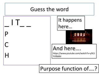 Guess the word
_ I T_ _
P
C
H
It happens
here…
And here….
https://www.youtube.com/watch?v=y9LS
YV0b6bI
Purpose function of….?
 