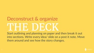 onkaro
THE DECK
51
Deconstruct  &  organize
Start  outlining  and  planning  on  paper  and  then  break  it  out  
into  sec;ons.  Write  every  idea/  slide  on  a  post  it  note.  Move  
them  around  and  see  how  the  story  changes.
 