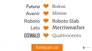 onkaro
Bodoni
Avenir
Roboto Slab
Merriweather
OSWALD
Futura
Minion
Roboto
Lato
Quattrocento
fontpair.co  57
 