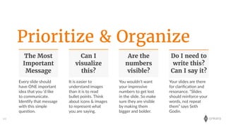 onkaro
The Most
Important
Message
Can I
visualize
this?
Are the
numbers
visible?
Do I need to
write this?
Can I say it?
64
Prioritize & Organize
Every  slide  should  
have  ONE  important  
idea  that  you  ‘d  like  
to  communicate.  
Iden;fy  that  message  
with  this  simple  
ques;on.
It  is  easier  to  
understand  images  
than  it  is  to  read  
bullet  points.  Think  
about  icons  &  images  
to  represent  what  
you  are  saying.
You  wouldn’t  want  
your  impressive  
numbers  to  get  lost  
in  the  slide.  So  make  
sure  they  are  visible  
by  making  them  
bigger  and  bolder.
Your  slides  are  there  
for  clariﬁca;on  and  
resonance.  “Slides  
should  reinforce  your  
words,  not  repeat  
them”  says  Seth  
Godin.
 