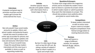 Magazine
Features
Interviews
A popular and great way to
promote musicians and let
readers get to know the
artists behind the music.
Questions & Answers
To show more range within the magazines
articles and to included the readers more I
want to feature a question & answer article
in which readers tweet or submit questions
they want the interviewees to answer. This
should also produce more publicity when
promoted on social media sites.
Online
Not only would I have social media
accounts to update, inform and
attract readers and potential buyers.
I would also want to produce and
online app accessible for phones and
computers with regular updates and
new and exclusive information from
topics of music to world news.
I hope this would keep readers
interested until the new issue is
available in stores as well as
expanding readership.
Reviews
There will feature a
range of different
reviews, for example
festivals & gigs, albums
and charts.
Competitions
To keep readers interested
as well as entice more
buyers I want to included
frequent competitions from
festival and gig tickets to
meeting featured artists.
Articles
Another popular way to
educate and update readers
with information from a
broad range of topics
Lists
By lists I’m referring to things
such as top 10’s 20’s ect. By
rating a variety of subjects I
hope to inform readers in a
quick and simple style.
 