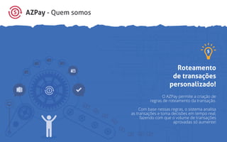 AZPay - Quem somos
Roteamento
de transações
personalizado!
O AZPay permite a criação de
regras de roteamento da transação.
Com base nessas regras, o sistema analisa
as transações e toma decisões em tempo real,
fazendo com que o volume de transações
aprovadas só aumente!
 
