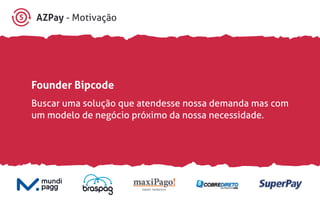 AZPay - Motivação
Founder Bipcode
Buscar uma solução que atendesse nossa demanda mas com
um modelo de negócio próximo da nossa necessidade.
 