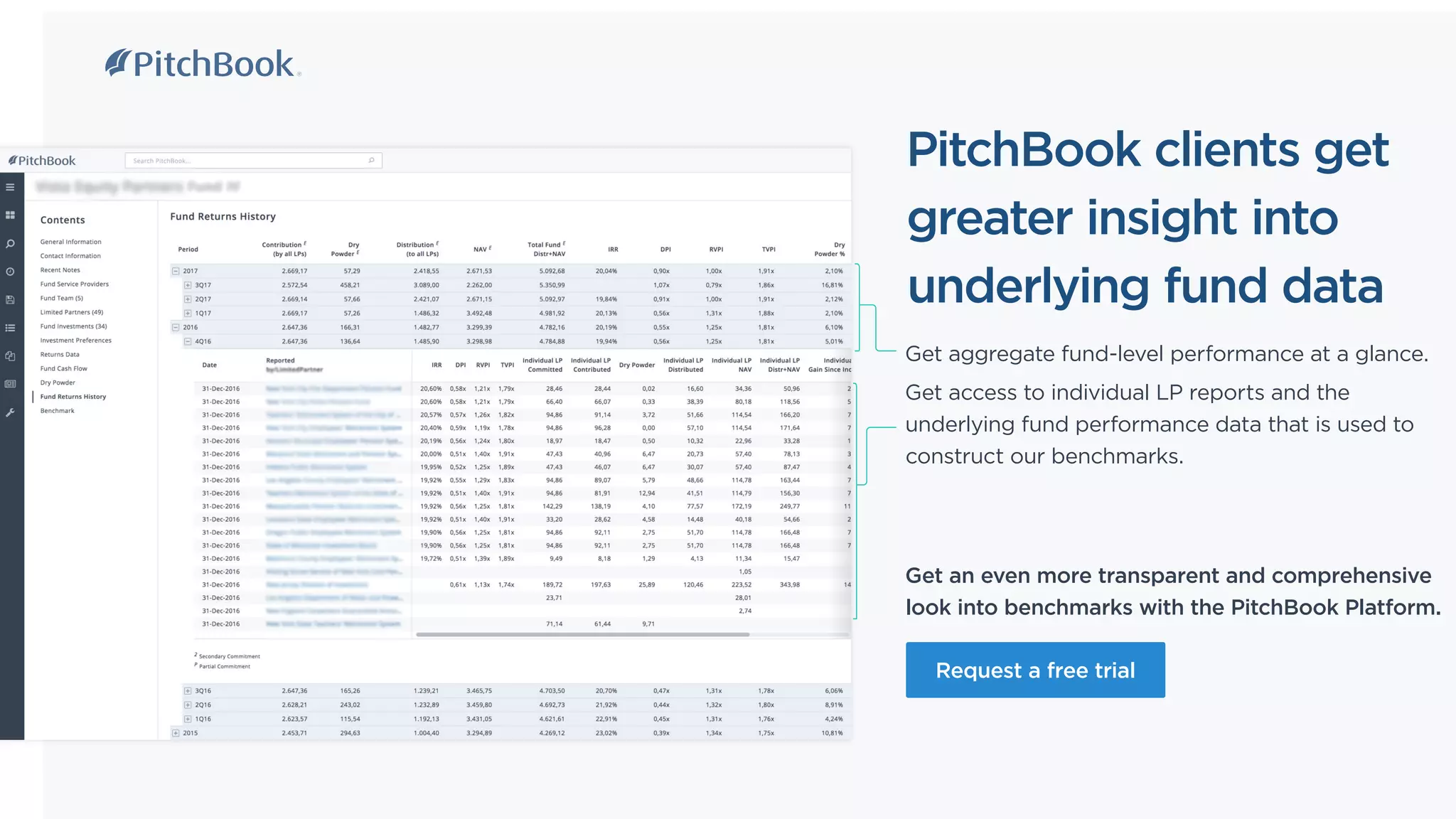 PitchBook clients get
greater insight into
underlying fund data
Get aggregate fund-level performance at a glance.
Get access to individual LP reports and the
underlying fund performance data that is used to
construct our benchmarks.
Get an even more transparent and comprehensive
look into benchmarks with the PitchBook Platform.
Request a free trial
 