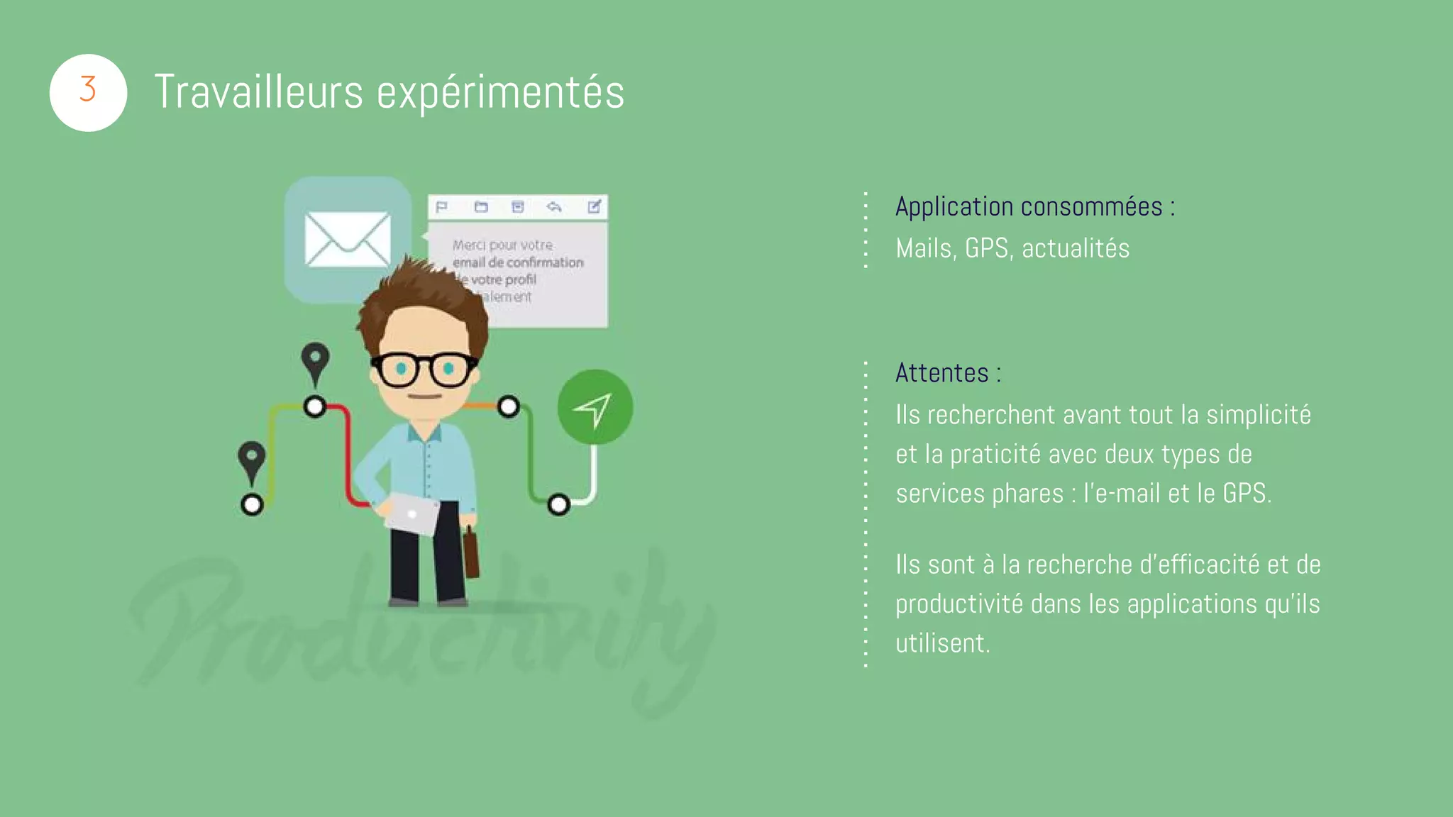 Travailleurs expérimentés3
Mails, GPS, actualités
Application consommées :
Attentes :
Ils recherchent avant tout la simplicité
et la praticité avec deux types de
services phares : l’e-mail et le GPS.
Ils sont à la recherche d’efficacité et de
productivité dans les applications qu’ils
utilisent.
 