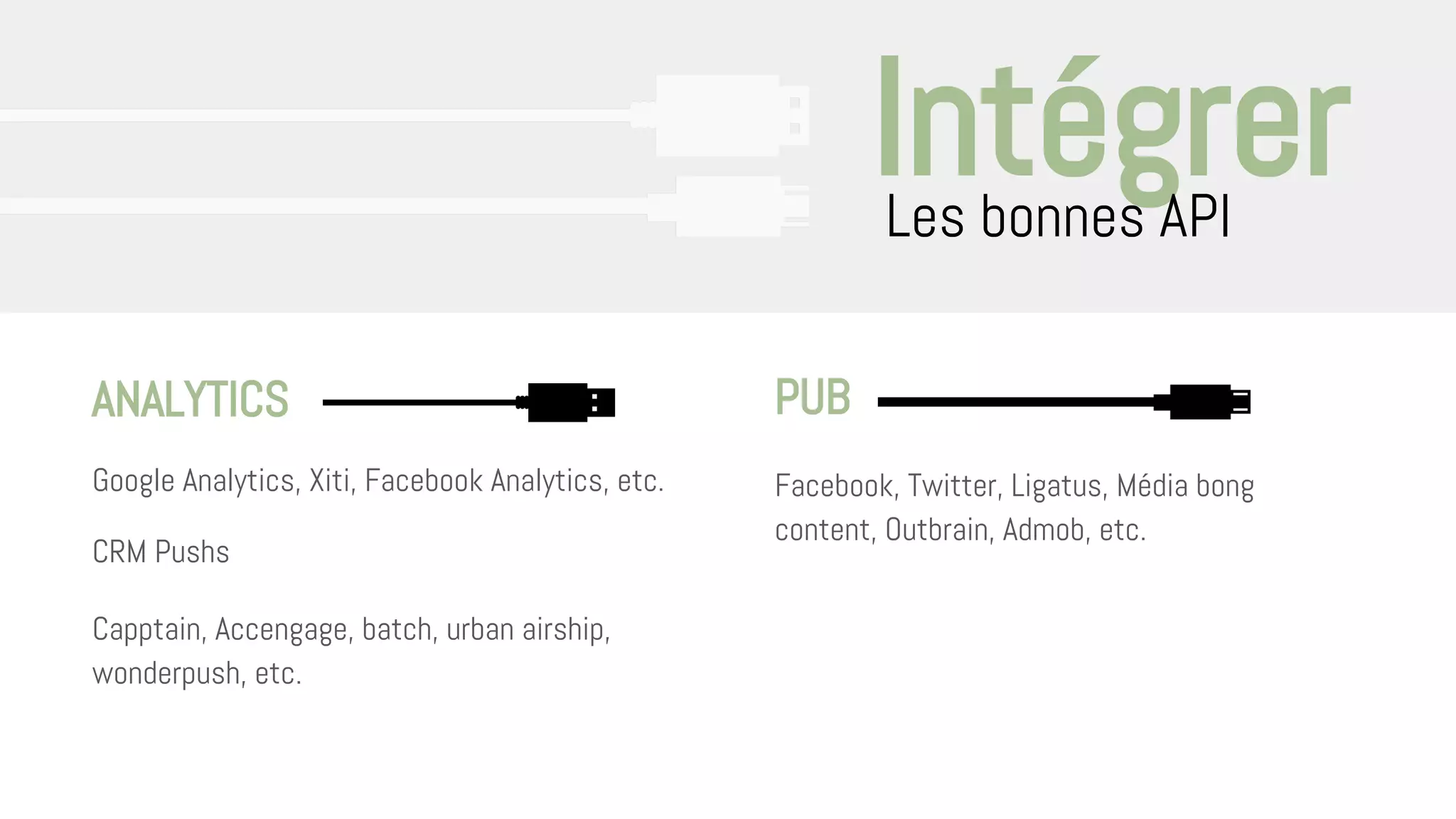 Intégrer
ANALYTICS
Google Analytics, Xiti, Facebook Analytics, etc.
CRM Pushs
Capptain, Accengage, batch, urban airship,
wonderpush, etc.
Les bonnes API
PUB
Facebook, Twitter, Ligatus, Média bong
content, Outbrain, Admob, etc.
 