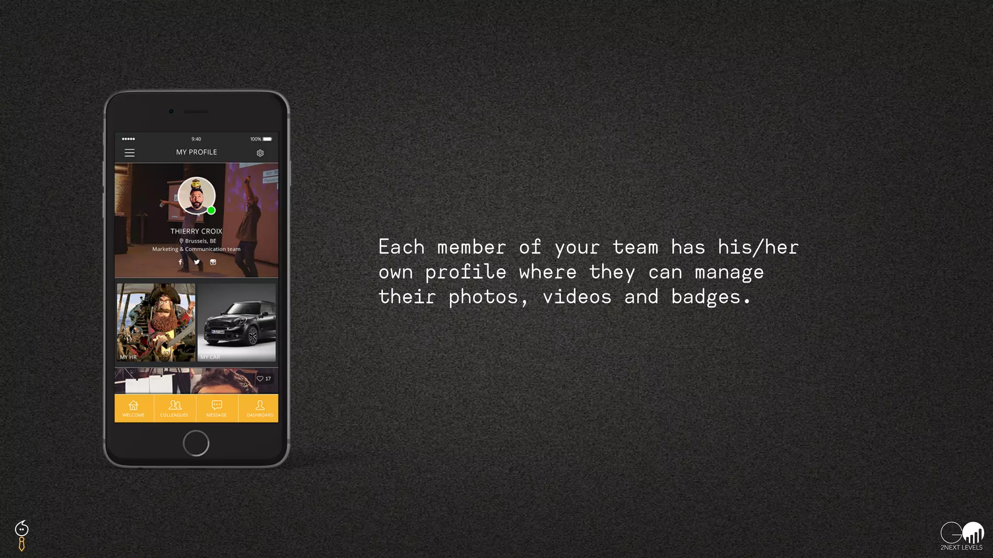 Each member of your team has his/her
own profile where they can manage
their photos, videos and badges.
 