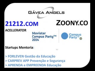 aA
ZOONY.CO21212.COM
ACELLERATOR
Startups Mentoria:
> FORLEVEN Gestão da Educação
> CARPREV APP Prevenção e Segurança
> APRENDA e EMPREENDA Educação
 