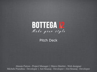 Pitch Deck




        Alessio Patron - Project Manager | Marco Martini - Web designer
Michele Prandina - Developer | Ani Sinanaj - Developer | Eni Sinanaj - Developer
 