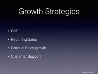 Growth Strategies
• R&D
• Recurring Sales
• Gradual Sales growth
• Customer Support
@arunnairks
 