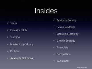 Insides
• Team
• Elevator Pitch
• Traction
• Market Opportunity
• Problem
• Available Solutions
• Product / Service
• Revenue Model
• Marketing Strategy
• Growth Strategy
• Financials
• Competition
• Investment
@arunnairks
 