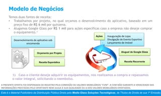 Modelo de Negócios
Temos duas fontes de receita:
• Trabalhamos por projeto, no qual orçamos o desenvolvimento do aplicativo, baseado em um
preço fixo de R$ 6 mil por quinzena.
• Alugamos Google Glass por R$ 1 mil para ações específicas caso a empresa não deseje comprar
o equipamento.¹
Orçamento por Projeto
- Inauguração de Lojas
- Divulgação de Evento Esportivo
- Lançamento de Imóvel
Ações
Receita Esporádica
Aluguel de Google Glass
Receita Recorrente
Desenvolvimento de aplicativo sob
encomenda
1) Caso o cliente deseje adquirir os equipamentos, nós realizamos a compra e repassamos
o valor integral, solicitando o reembolso.
Este é o Material Publicitário da Distribuição Pública Direta pela Media Glass Soluções Tecnológicas, de Títulos de Dívida de sua 1ª Emissão.
A PRESENTE OFERTA FOI DISPENSADA DE REGISTRO PELA COMISSÃO DE VALORES MOBILIÁRIOS “CVM”. A CVM NÃO GARANTE A VERACIDADE DAS
INFORMAÇÕES PRESTADAS PELO OFERTANTE NEM JULGA A SUA QUALIDADE OU A DOS VALORES MOBILIÁRIOS OFERTADOS.
 