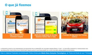 O que já fizemos
Este é o Material Publicitário da Distribuição Pública Direta pela Media Glass Soluções Tecnológicas, de Títulos de Dívida de sua 1ª Emissão.
A PRESENTE OFERTA FOI DISPENSADA DE REGISTRO PELA COMISSÃO DE VALORES MOBILIÁRIOS “CVM”. A CVM NÃO GARANTE A VERACIDADE DAS
INFORMAÇÕES PRESTADAS PELO OFERTANTE NEM JULGA A SUA QUALIDADE OU A DOS VALORES MOBILIÁRIOS OFERTADOS.
 