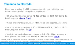 Este é o Material Publicitário da Distribuição Pública Direta pela Media Glass Soluções Tecnológicas, de Títulos de Dívida de sua 1ª Emissão.
A PRESENTE OFERTA FOI DISPENSADA DE REGISTRO PELA COMISSÃO DE VALORES MOBILIÁRIOS “CVM”. A CVM NÃO GARANTE A VERACIDADE DAS
INFORMAÇÕES PRESTADAS PELO OFERTANTE NEM JULGA A SUA QUALIDADE OU A DOS VALORES MOBILIÁRIOS OFERTADOS.
Tamanho do Mercado
Nosso foco principal é o B2B e atendemos a diversas indústrias, mas
temos mais expertise nos seguintes segmentos:
- Oil & Gas (movimentou aprox. R$ 400 bilhões em 2014, 13% do PIB do
Brasil, segundo o Portal Brasil)
- Varejo (movimenta aprox. R$ 768 bilhões ao ano, segundo ATKearney)
- Logística (movimenta aprox. R$ 391 bilhões em 2010, 10,6% do PIB do
Brasil, segundo matéria do G1)
- Saúde (o setor privado movimenta cerca de R$ 90 bilhões ao ano e o
setor público movimenta cerca de R$ 80 bilhões ao ano. Fonte)
 