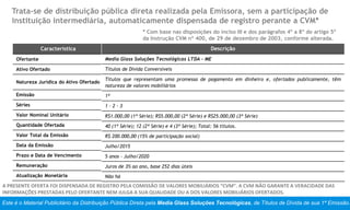 Este é o Material Publicitário da Distribuição Pública Direta pela Media Glass Soluções Tecnológicas, de Títulos de Dívida de sua 1ª Emissão.
A PRESENTE OFERTA FOI DISPENSADA DE REGISTRO PELA COMISSÃO DE VALORES MOBILIÁRIOS “CVM”. A CVM NÃO GARANTE A VERACIDADE DAS
INFORMAÇÕES PRESTADAS PELO OFERTANTE NEM JULGA A SUA QUALIDADE OU A DOS VALORES MOBILIÁRIOS OFERTADOS.
Característica
Ofertante
Ativo Ofertado
Natureza Jurídica do Ativo Ofertado
Emissão
Séries
Valor Nominal Unitário
Quantidade Ofertada
Valor Total da Emissão
Data da Emissão
Prazo e Data de Vencimento
Remuneração
Atualização Monetária
* Com base nas disposições do inciso III e dos parágrafos 4º a 8º do artigo 5º
da Instrução CVM nº 400, de 29 de dezembro de 2003, conforme alterada.
Trata-se de distribuição pública direta realizada pela Emissora, sem a participação de
instituição intermediária, automaticamente dispensada de registro perante a CVM*
Descrição
Media Glass Soluções Tecnológicas LTDA - ME
Títulos de Dívida Conversíveis
Títulos que representam uma promessa de pagamento em dinheiro e, ofertados publicamente, têm
natureza de valores mobiliários
1ª
1 – 2 - 3
R$1.000,00 (1ª Série); R$5.000,00 (2ª Série) e R$25.000,00 (3ª Série)
40 (1ª Série); 12 (2ª Série) e 4 (3ª Série); Total: 56 títulos.
R$ 200.000,00 (15% de participação social)
Julho/2015
5 anos – Julho/2020
Juros de 3% ao ano, base 252 dias úteis
Não há
 