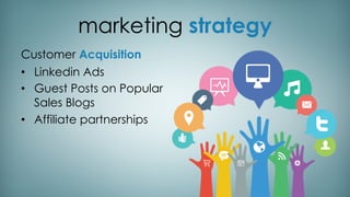 marketing strategy
Customer Acquisition
•  Linkedin Ads
•  Guest Posts on Popular
Sales Blogs
•  Affiliate partnerships
 
