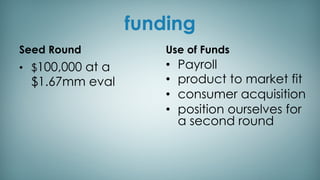 funding
Seed Round
•  $100,000 at a
$1.67mm eval
Use of Funds
•  Payroll
•  product to market fit
•  consumer acquisition
•  position ourselves for
a second round
 