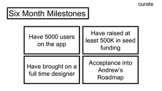 curate
Six Month Milestones
Have 5000 users
on the app
Have raised at
least 500K in seed
funding
Have brought on a
full time designer
Acceptance into
Andrew’s
Roadmap
 