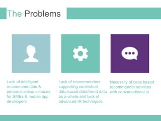 The Problems
Lack of intelligent
recommendation &
personalization services
for SMEs & mobile app
developers
Lack of recommenders
supporting contextual
data/social data/trend data
as a whole and lack of
advanced IR techniques
Necessity of case based
recommender services
with conversational ui
 