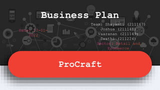 ProCraft
Business Plan
Team: Shayanti (211167)
Joshua (211148)
Vaaranan (211149)
Swathi (211224)
 
