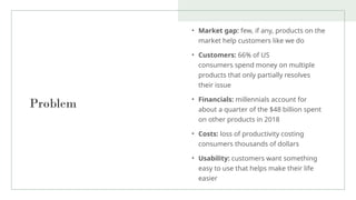 Problem
• Market gap: few, if any, products on the
market help customers like we do
• Customers: 66% of US
consumers spend money on multiple
products that only partially resolves
their issue
• Financials: millennials account for
about a quarter of the $48 billion spent
on other products in 2018
• Costs: loss of productivity costing
consumers thousands of dollars
• Usability: customers want something
easy to use that helps make their life
easier
 