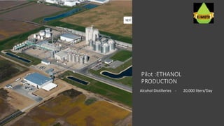 Pilot :ETHANOL
PRODUCTION
Alcohol Distilleries - 20,000 liters/Day
 