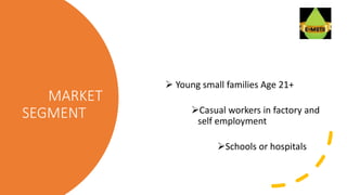 MARKET
SEGMENT
 Young small families Age 21+
Casual workers in factory and
self employment
Schools or hospitals
 