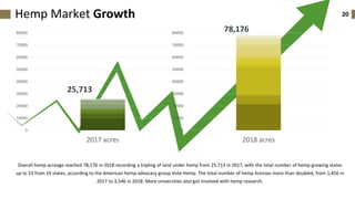 20Hemp Market Growth
Overall hemp acreage reached 78,176 in 2018 recording a tripling of land under hemp from 25,713 in 2017, with the total number of hemp growing states
up to 23 from 19 states, according to the American hemp advocacy group Vote Hemp. The total number of hemp licenses more than doubled, from 1,456 in
2017 to 3,546 in 2018. More universities also got involved with hemp research.
0
10000
20000
30000
40000
50000
60000
70000
80000
2018 acres
0
10000
20000
30000
40000
50000
60000
70000
80000
2017 acres
25,713
78,176
 