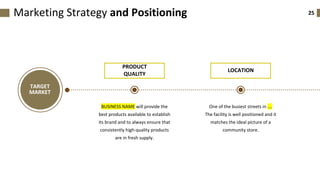 25Marketing Strategy and Positioning
TARGET
MARKET
PRODUCT
QUALITY
BUSINESS NAME will provide the
best products available to establish
its brand and to always ensure that
consistently high-quality products
are in fresh supply.
LOCATION
One of the busiest streets in ….
The facility is well positioned and it
matches the ideal picture of a
community store.
 