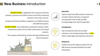 4New Business Introduction
BUSINESS NAME is applying for the marijuana and hemp
cultivator, processor and retailer licenses and will be conducting
business in City, State, Country.
Company will have the ability to vegetate up to 0,000 marijuana
and 0,000 hemp plants.
BUSINESS NAME is also dedicated to making the cleanest, safest,
and premium quality THC and CBD concentrates and infused
products.
The company will distribute products through wholesale and
retail transactions.
Produce and sell the highest-quality THC and
CBD products through wholesale and retail
transactions.
Own and operate hemp and cannabis
cultivation and manufacturing facilities in State.
Utilize cutting edge and proprietary extraction.
Experts project that CBD products market and
cannabis industry will have a compound
annual growth rates of 39% and 28%
correspondingly from 2017 through 2021.
INDUSTRY
TECHNOLOGY
PRODUCTS
 