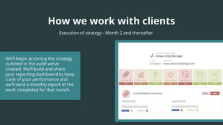 How we work with clients
Execution of strategy - Month 2 and thereafter
We’ll begin actioning the strategy
outlined in the audit we’ve
created. We’ll build and share
your reporting dashboard to keep
track of your performance and
we’ll send a monthly report of the
work completed for that month.
 