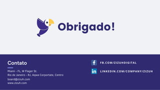 Contato
Miami - FL, W Flager St.
Rio de Janeiro - RJ, Aqwa Corportate, Centro
board@zizuh.com
www.zizuh.com
FB.COM/ZIZUHDIGITAL
LINKEDIN.COM/COMPANY/ZIZUH
Obrigado!!
 