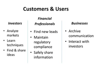 Customers & Users
Investors
• Analyze
markets
• Learn
techniques
• Find & share
ideas
Financial
Professionals
• Find new l...