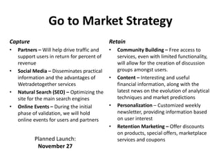 Go to Market Strategy
Capture
• Partners – Will help drive traffic and
support users in return for percent of
revenue
• So...