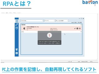 PC上の作業を記憶し、自動再現してくれるソフト
3
RPAとは？
 