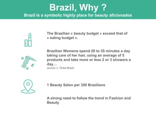 Brazil, Why ?
Brazil is a symbolic highly place for beauty aficionados
The Brazilian « beauty budget » exceed that of
« eating budget ».
Brazilian Womens spend 20 to 35 minutes a day
taking care of her hair, using an average of 5
products and take more or less 2 or 3 showers a
day…
source: L’Oréal Brazil
1 Beauty Salon per 350 Brazilians
A strong need to follow the trend in Fashion and
Beauty
 