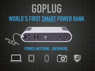 GOPLUG
WORLD’S FIRST SMART POWER BANK
POWER ANYTHING. ANYWHERE.
WITH AC WALL
OUTLET
 