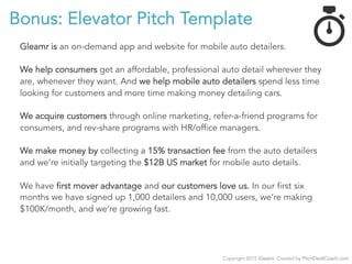 Summary 13
Copyright 2015 Gleamr. Created by PitchDeckCoach.com
Big Opportunity: First mover in $36B US auto detail market...