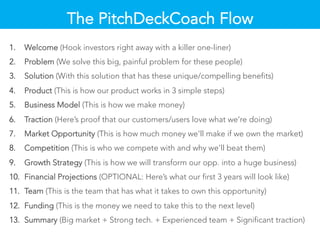 The Flow (*Not* a slide in your deck)
1. Welcome – Your big idea - you have 10 seconds to engage your audience
2. Problem ...