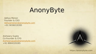 AnonyByte
Aditya Menon
Founder & CEO
Adityamenon@anonybyte.com
+91 9036019395
https://anonybyte.com
 