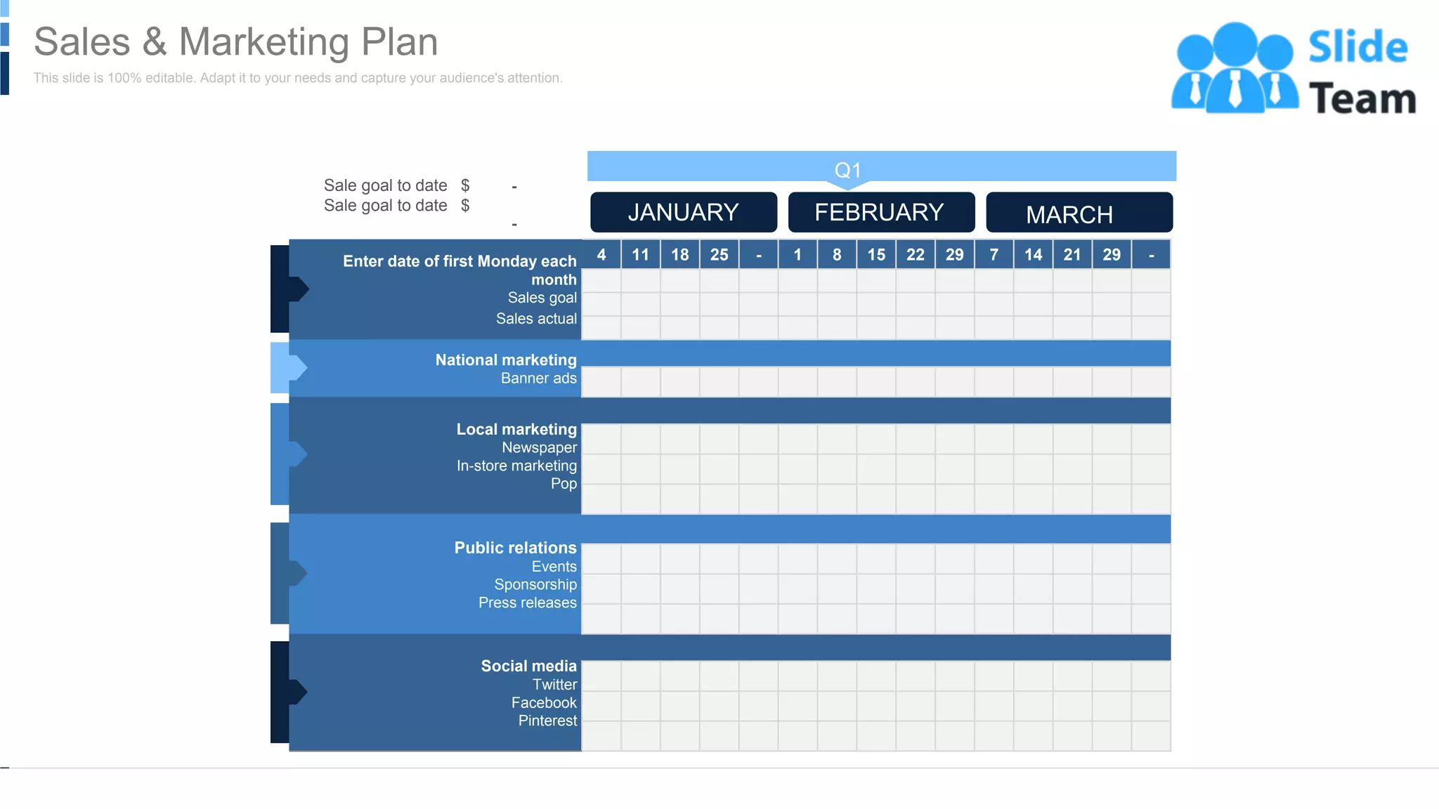 Enter date of first Monday each
month
Sales goal
Sales actual
4 11 18 25 - 1 8 15 22 29 7 14 21 29 -
National marketing
Banner ads
Local marketing
Newspaper
In-store marketing
Pop
Public relations
Events
Sponsorship
Press releases
Social media
Twitter
Facebook
Pinterest
Sale goal to date $
Sale goal to date $
-
-
Q1
JANUARY FEBRUARY MARCH
WWW.COMPANY.COM 33
This slide is 100% editable. Adapt it to your needs and capture your audience's attention.
Sales & Marketing Plan
 