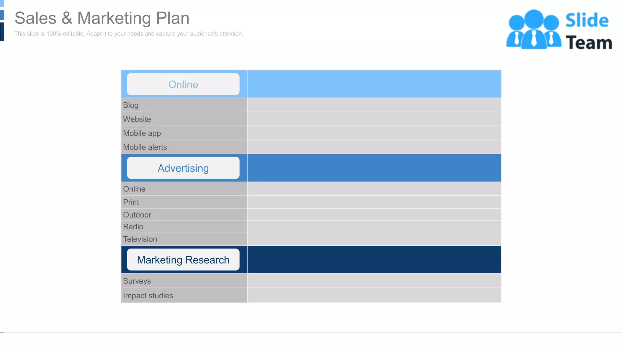Online
Blog
Website
Mobile app
Mobile alerts
Online
Print
Outdoor
Radio
Television
Surveys
Impact studies
Online
Advertising
Marketing Research
WWW.COMPANY.COM 34
This slide is 100% editable. Adapt it to your needs and capture your audience's attention.
Sales & Marketing Plan
 