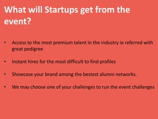 What will Startups get from the
event?
• Access to the most premium talent in the industry ie referred with
great pedigree...
