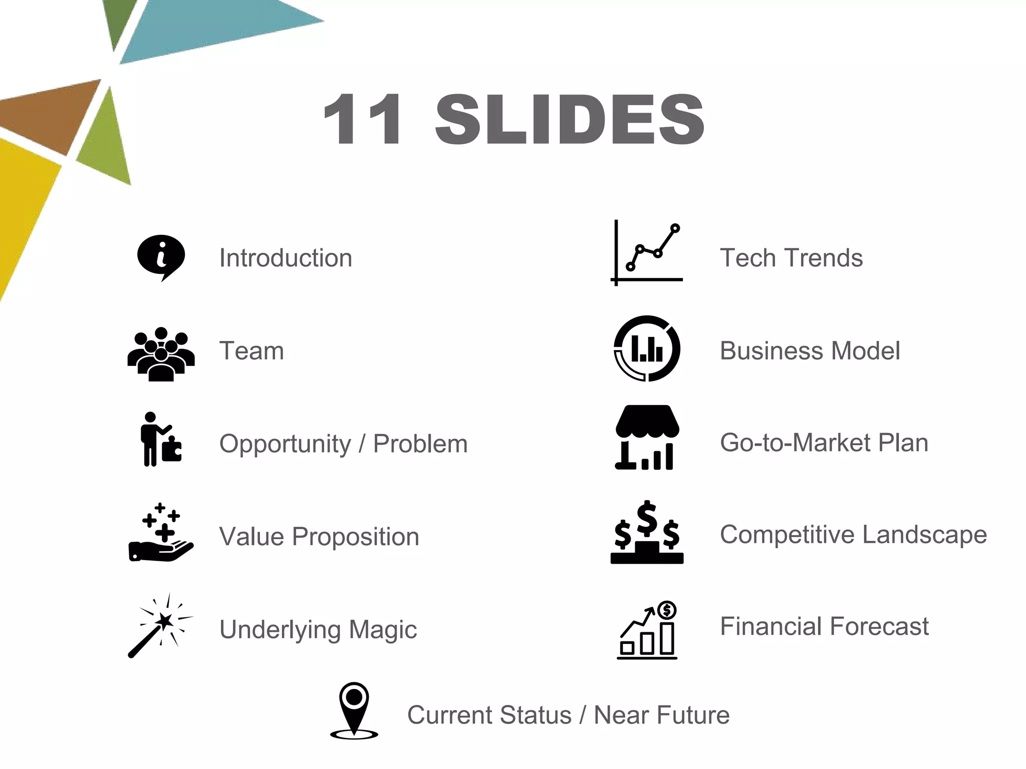 Introduction
Team
Opportunity / Problem
Value Proposition
Underlying Magic
Tech Trends
Business Model
Go-to-Market Plan
Competitive Landscape
Financial Forecast
Current Status / Near Future
11 SLIDES
 