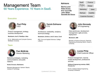 Management Team
60 Years Experience. 15 Years in SaaS.
Barrie Laver
Peter Evans
Eric Courville
John Stetic
Daniella De Grace
Paul Philp
CEO
Architecture, scaleability, analytics,
technical strategy
Marketwire, Gridiron, dna13, Iotum, Corel
DEC, Pure and Applied Sciences, Collège
Laflèche
Advisors
Executive
Team
Yanick Dufresne
CTO
Product management, strategy,
business development
Marketwire, dna13, PlateSpin, Alias
B. Sc., Mathematics and Computer Science,
McMaster University
John Kennedy
VP Engineering
Louise Philp
Chief Customer Officer
Data warehouse, development
management, agile process,
deployment
Marketwire, IBM
Bachelor of Science (Honours), Electrical
Engineering (Computing Option), Queen’s
University
Product management, maturity
model development, professional
services
Software Engineering Institute, SS&C,
Process Inc
B.A.Sc, Systems Design Engineering,
University of Waterloo
SaaS Finance
SalesMarketing
Startups
Produc
t
Design
Usability
Customer Success
Pam McBride
Director Marketing
Marketing strategies, marketing
communications, and public
relations
Nortel, Ericsson, Marketwire
Marketing Management, Northern Alberta
Institute of Technology
Confidential © 2014 Amity
 
