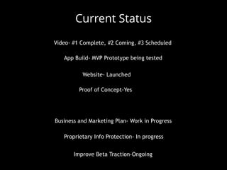 Current Status
Proof of Concept-Yes
Improve Beta Traction-Ongoing
Website- Launched
App Build- MVP Prototype being tested
Video- #1 Complete, #2 Coming, #3 Scheduled
Proprietary Info Protection- In progress
Business and Marketing Plan- Work in Progress
 
