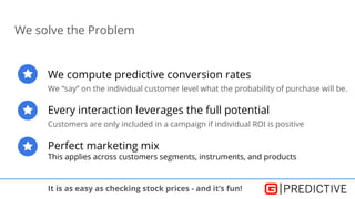 We solve the Problem
We compute predictive conversion rates
We “say” on the individual customer level what the probability of purchase will be.
Every interaction leverages the full potential
Customers are only included in a campaign if individual ROI is positive
Perfect marketing mix
This applies across customers segments, instruments, and products
It is as easy as checking stock prices - and it’s fun!
 