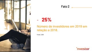 Fato 2
- 25%
Número de investidores em 2019 em
relação a 2018.
Fonte: CVM
 